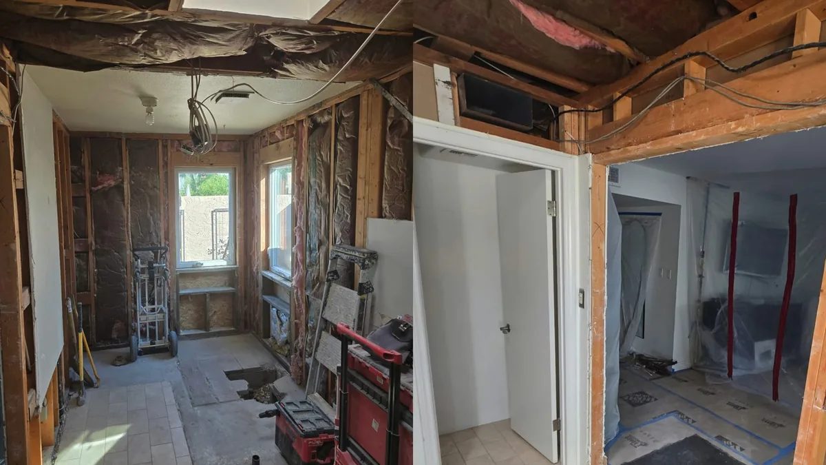Bathroom demolition with walls open for plumbing updates in an older Eagle Rock home