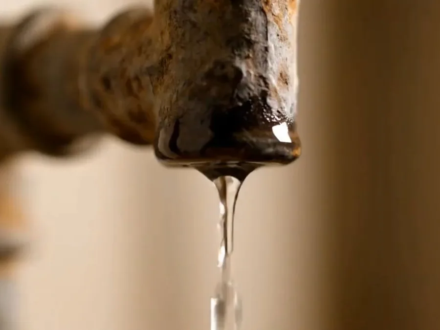 Rusted water heater pipe dripping during repair diagnosis